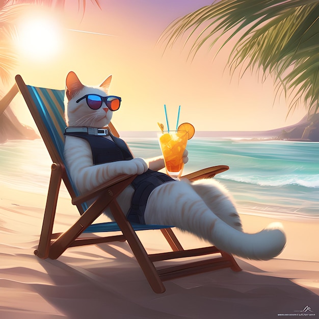Шедевр фотографии милого рыжего кота в солнцезащитных очках, лежащего на кресле на пляже
