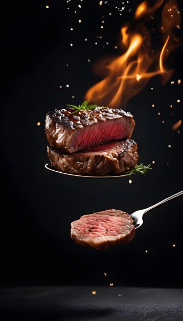 A masterpiece photo of floating Beef high speed photography flying Beef black background