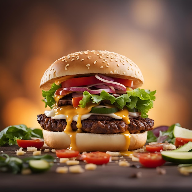 A masterpiece photo of floating burger high speed photography flying burger black background