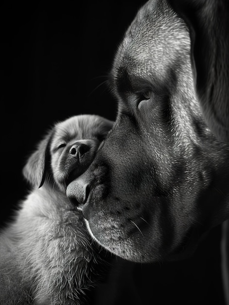 Mastiff en puppy genieten van een rustig moment Ouders en pup delen een teder moment in zwart-wit