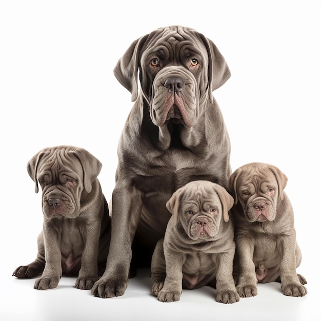 강아지와 함께 Mastino Neapolitano는 흰색 배경 용감한 애완 동물에 고립 된 초상화를 닫습니다