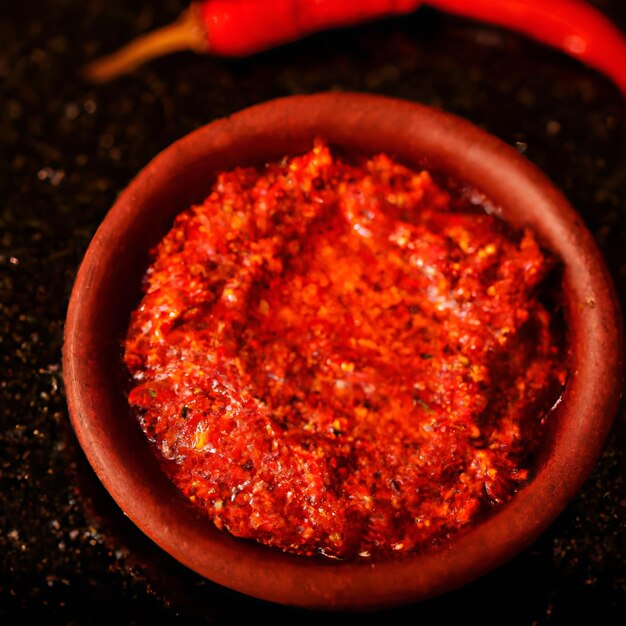 Photo matbucha moroccan tomato dip sauce of tomato pepper garlic and chili pepper in a bowl