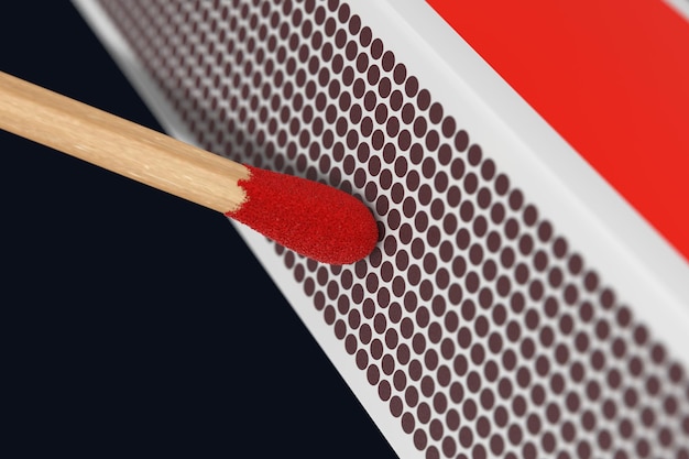 Match met red matchbox extreme close-up op een zwarte achtergrond 3d-rendering