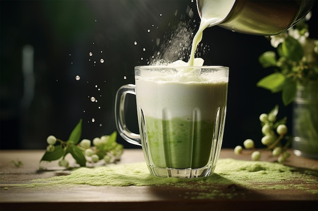 matcha drink in a cup drink splash over dark background