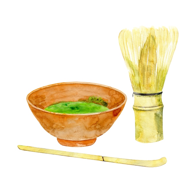 Matcha drink in cup with spoon and bamboo whisk