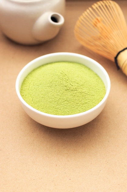 Matcha fine powdered green tea on paper texture 