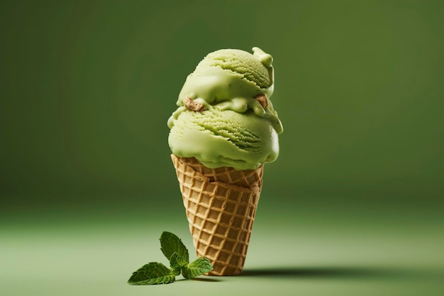 A matcha green tea ice cream with mint leaves on the side