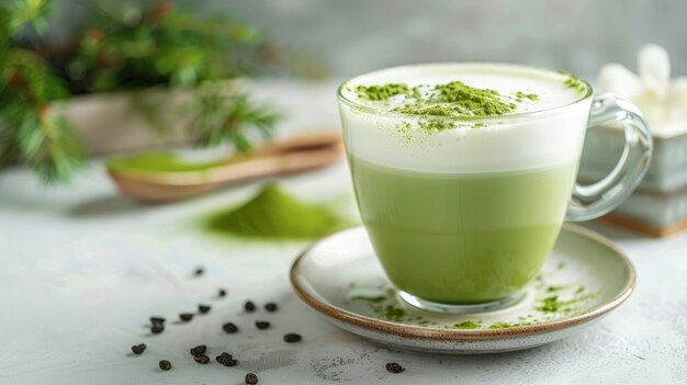 Matcha green tea latte beverage in glass mug on white table