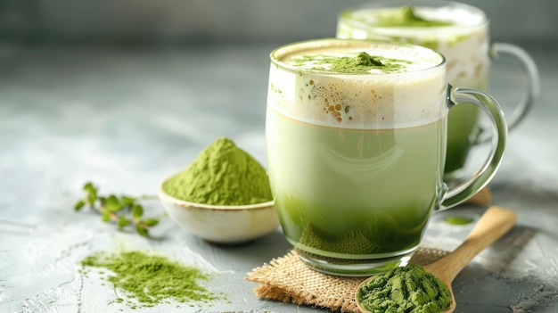 Matcha green tea latte beverage in glass mug on white table
