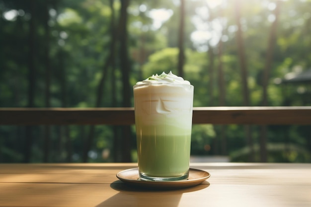 Matcha green tea latte beverage in glass on wooden table