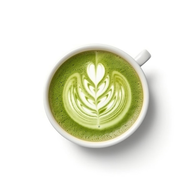 Matcha green tea latte in a cup Top view