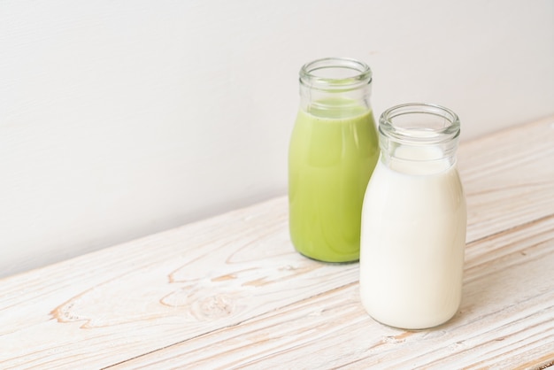 matcha green tea latte with fresh milk in bottle