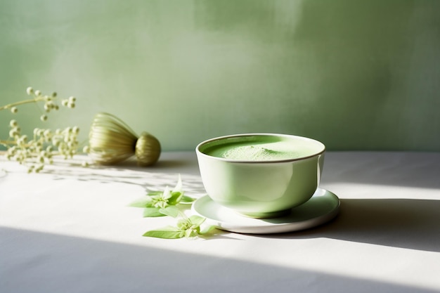 Matcha groene thee in een houten schaal op groene achtergrond