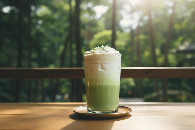 Matcha groene thee latte drank in glas op een houten tafel