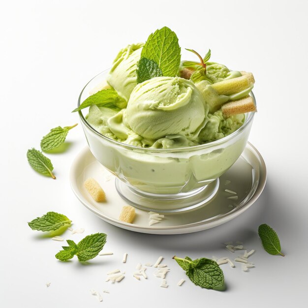 Foto dessert di gelato al matcha su sfondo bianco