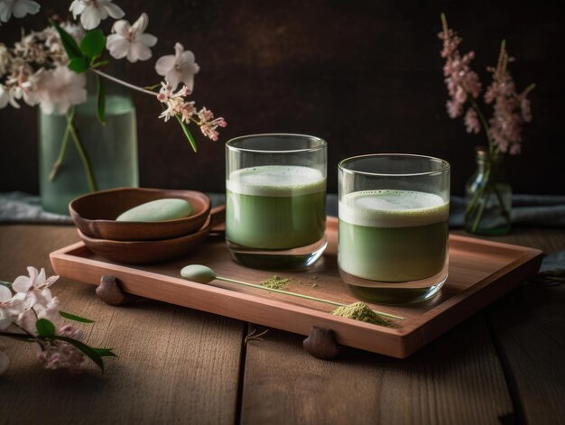 写真 木製トレイにグラスに入った抹茶 日本の飲み物 生成 ai