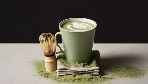 Matcha Latte apparatuur met groen poeder op de tafel