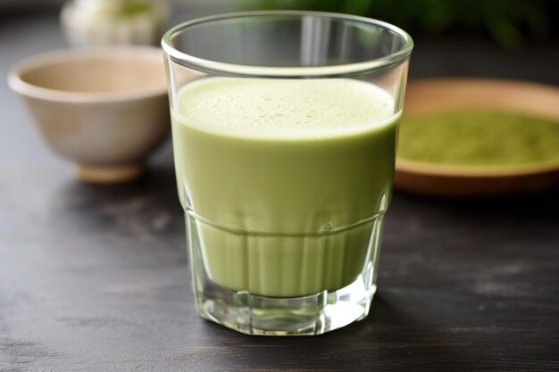 Foto matcha latte in un bicchiere trasparente su un piatto