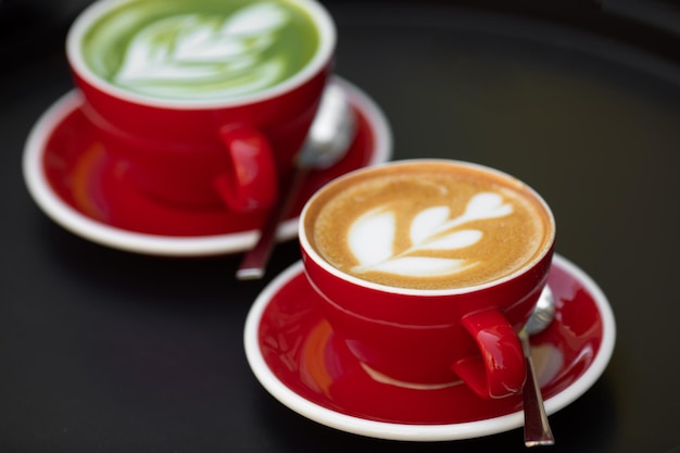 Matcha latte and coffee late red cup stand on the black table Nutrition Herbal