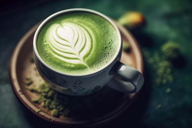 Photo matcha latte cup morning drink milk leaf coffee art nutrition generate ai