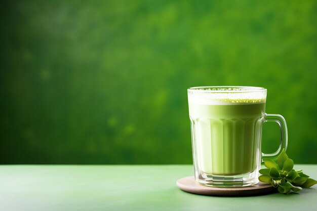 Matcha latte in a glass cup green background