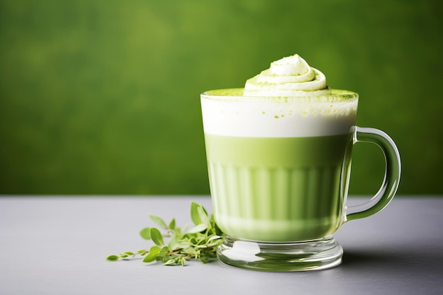 Photo matcha latte in a glass cup green background