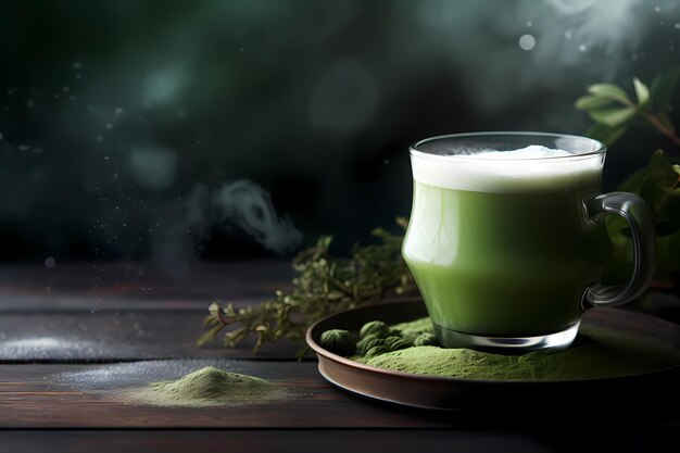 Matcha latte in a glass with green tea powder on dark background