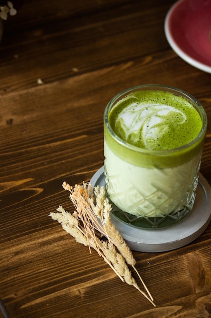 Matcha Latte in Glass with Latte Art