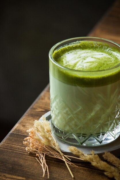 Matcha Latte in Glass with Latte Art