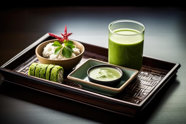 Matcha latte and traditional Japanese bento breakfast on a lacquered tray