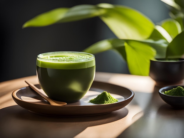 matcha latte in transparent mug on summer background