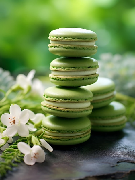 Matcha macarons filled with vanilla cream on natural background with cherry blossom branch French pastry pistachio macaroons vertical banner for ads menu printed products Matcha creamy dessert