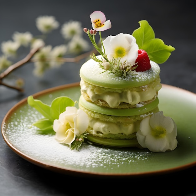 Matcha maracoon dessert with pistachio and vanilla layers closeup Sweet food pistachio dessert