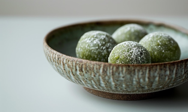 Matcha Mochi Japanese dessert flat lay on white background