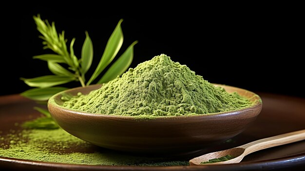 Photo matcha moments closeup of tea powder in wooden bowl