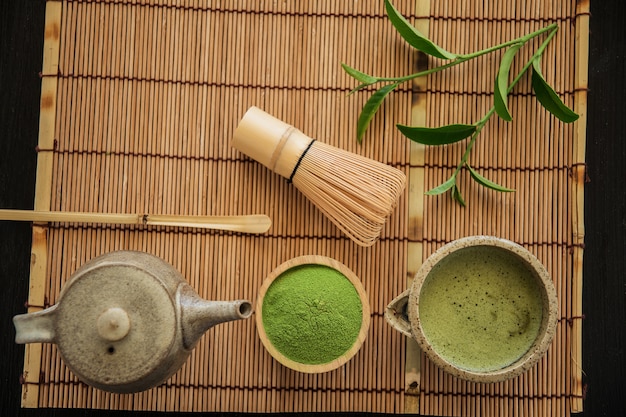 Matcha. Organic Green Matcha Tea ceremony. Matcha powder. Cooking with matcha, recipe