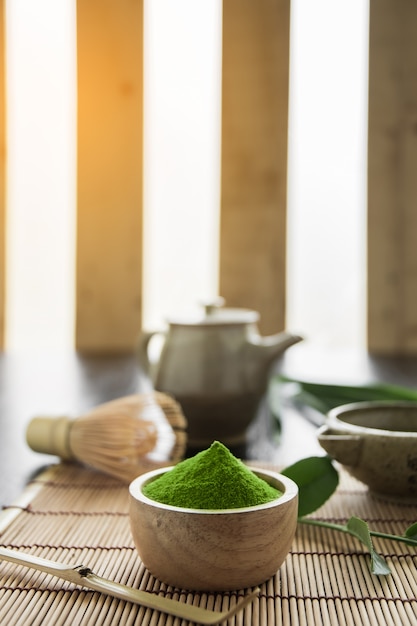 Matcha. Organische Groene Matcha-theeceremonie. Matcha-poeder. Koken met matcha, recept