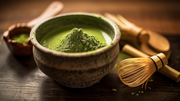 Matcha Tea in a Chawan with Whisk on the Side