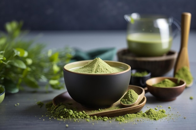 Matcha tea in cup with powder