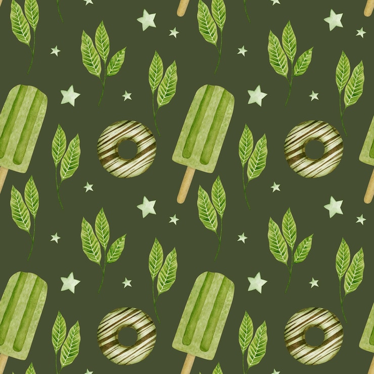 Photo matcha tea elements watercolor seamless pattern