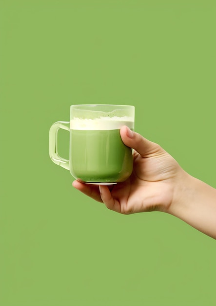 Чай матча в стеклянной чашке в руке на зеленом фоне