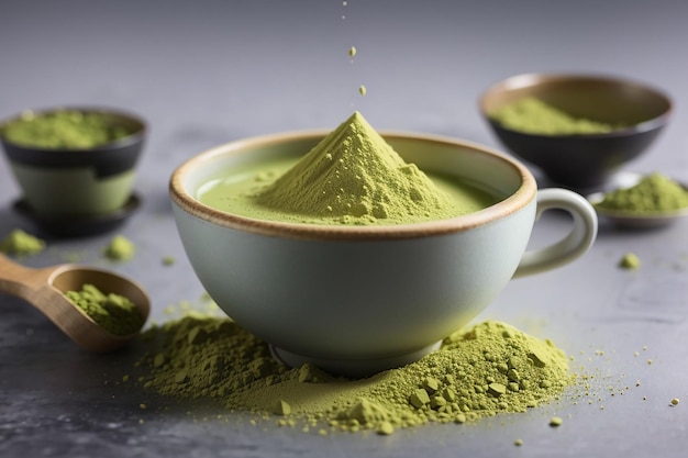 Matcha thee in een kopje met poeder