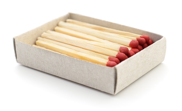 Matches in a matchbox on white.