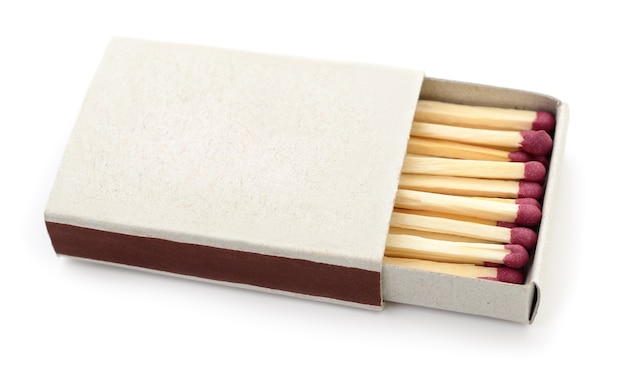 Matches in a matchbox on white.