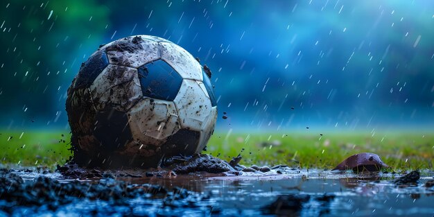 Photo matches postponed due to thunderstorm soccer ball on muddy field concept soccer games weather sports field