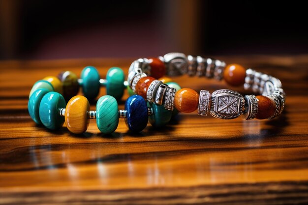 Matching bracelets lying on a wooden table