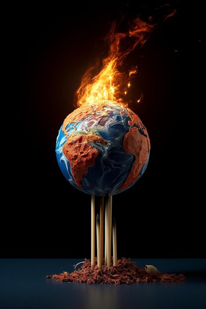 Photo a matchstick with the planet earth