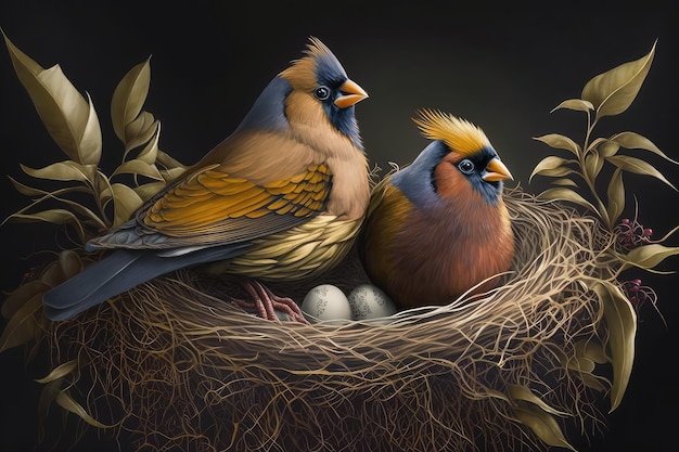 Foto coppia di uccelli reali accoppiati con il loro nido e le loro uova