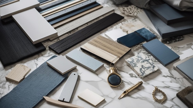 Material samples Blue gray white black gold warm wood mood board