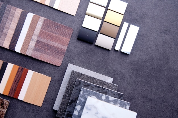 Materials Concept of laminate veneer parquet plywood and vinyl floor.